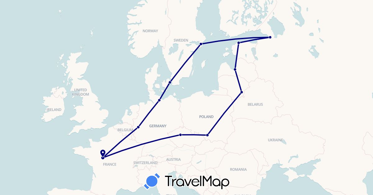 TravelMap itinerary: driving in Belgium, Czech Republic, Germany, Denmark, Estonia, France, Lithuania, Latvia, Poland, Russia, Sweden (Europe)